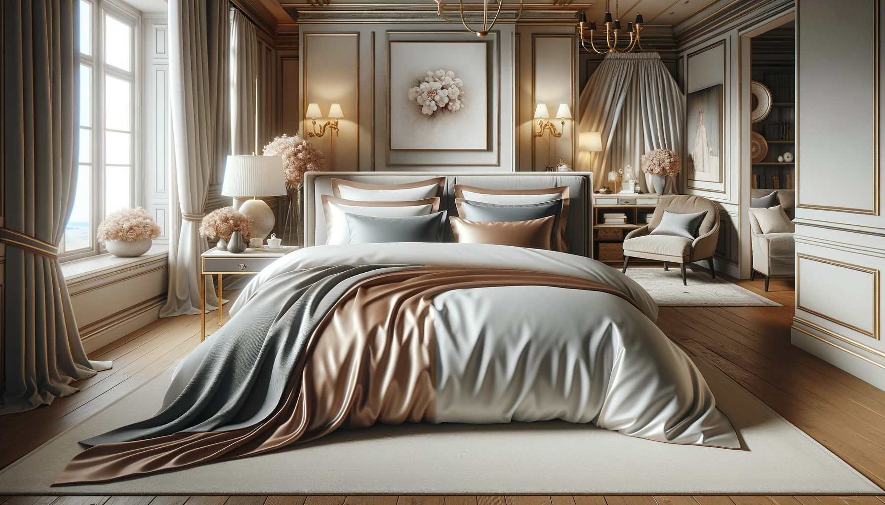 An elegant bedroom with a large bed adorned with plush Egyptian cotton bedding in a sophisticated color scheme, complemented by tasteful decor including a bedside lamp, fresh flowers, and wall art, embodying luxury and serenity.