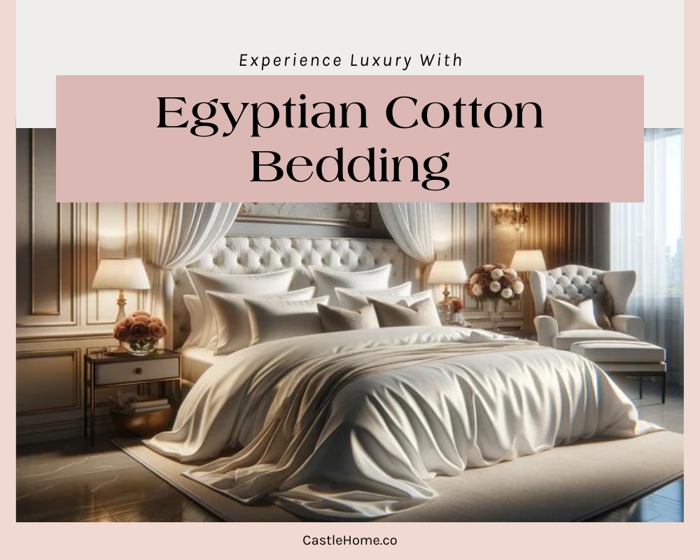 White Egyptian cotton bedding on a luxurious bed, showcasing its superior quality and comfort, with elegant room decor in the background