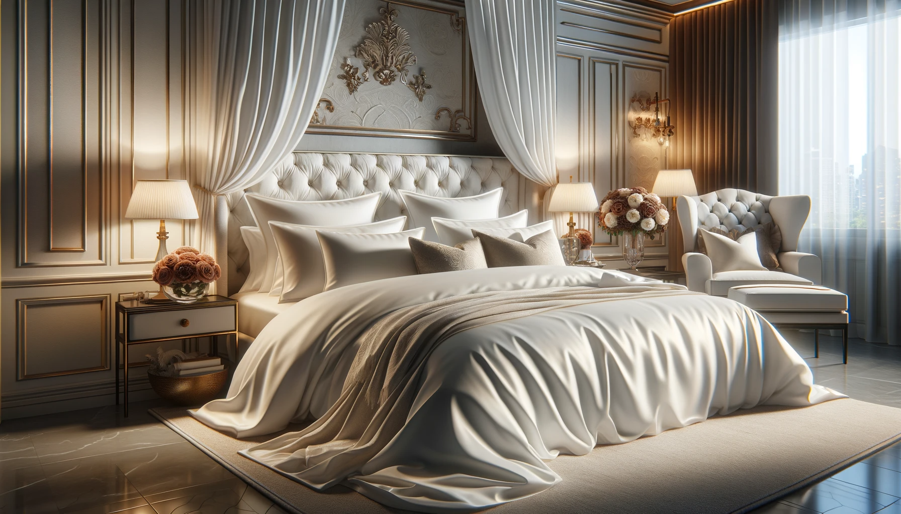 White Egyptian cotton bedding on a luxurious bed, showcasing its superior quality and comfort, with elegant room decor in the background