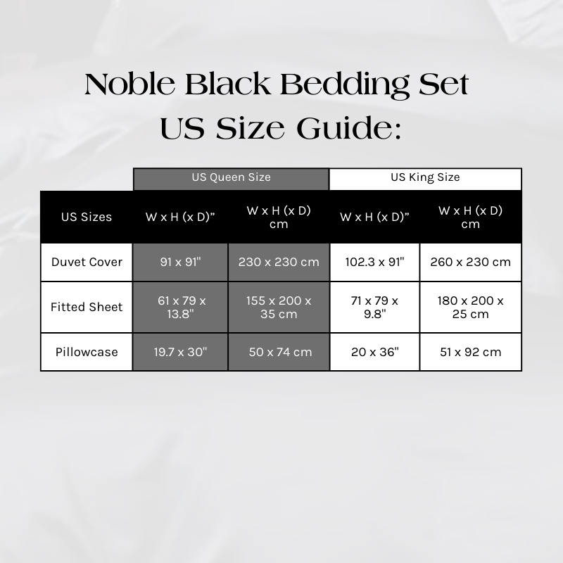 Size Guide for the Noble Black Bedding Set