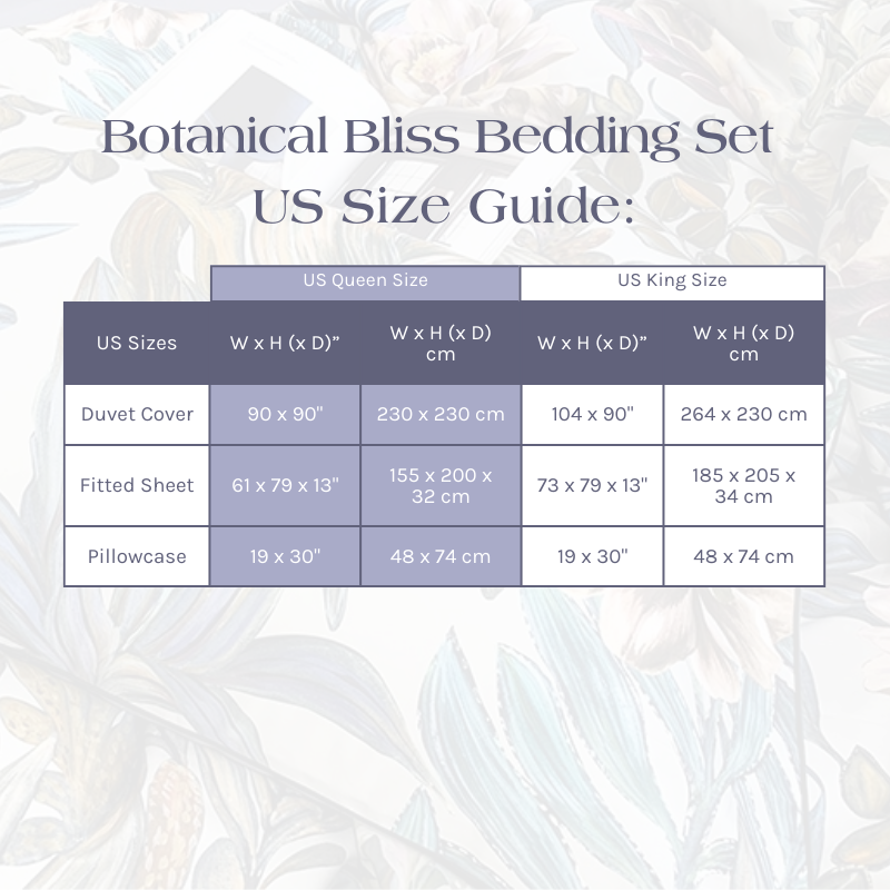 Size Guide for the Botanical Bliss Bedding Set