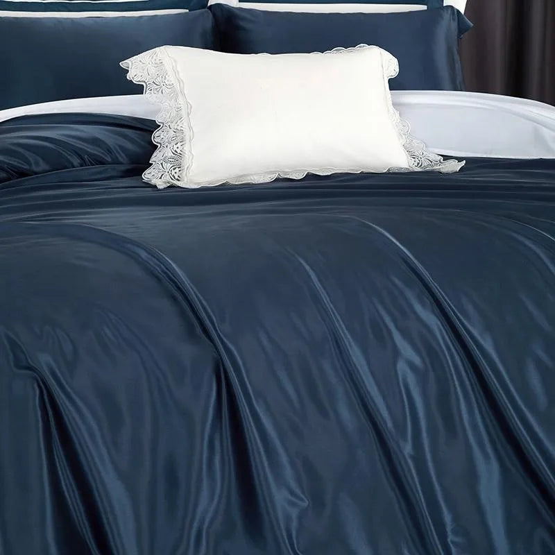 Blue Passionflower Mulberry Silk Duvet Set - close view
