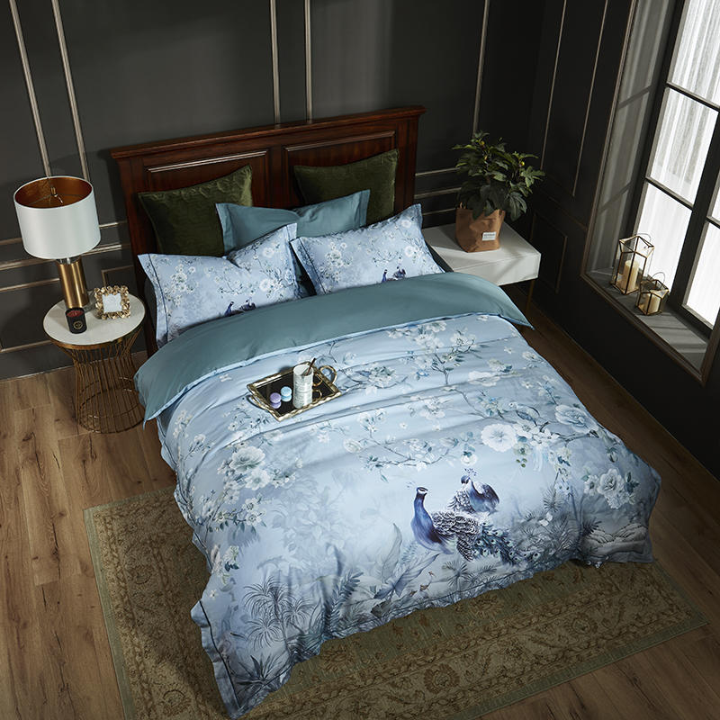 Blue Chinoiserie Bedding in a Dark Bedroom