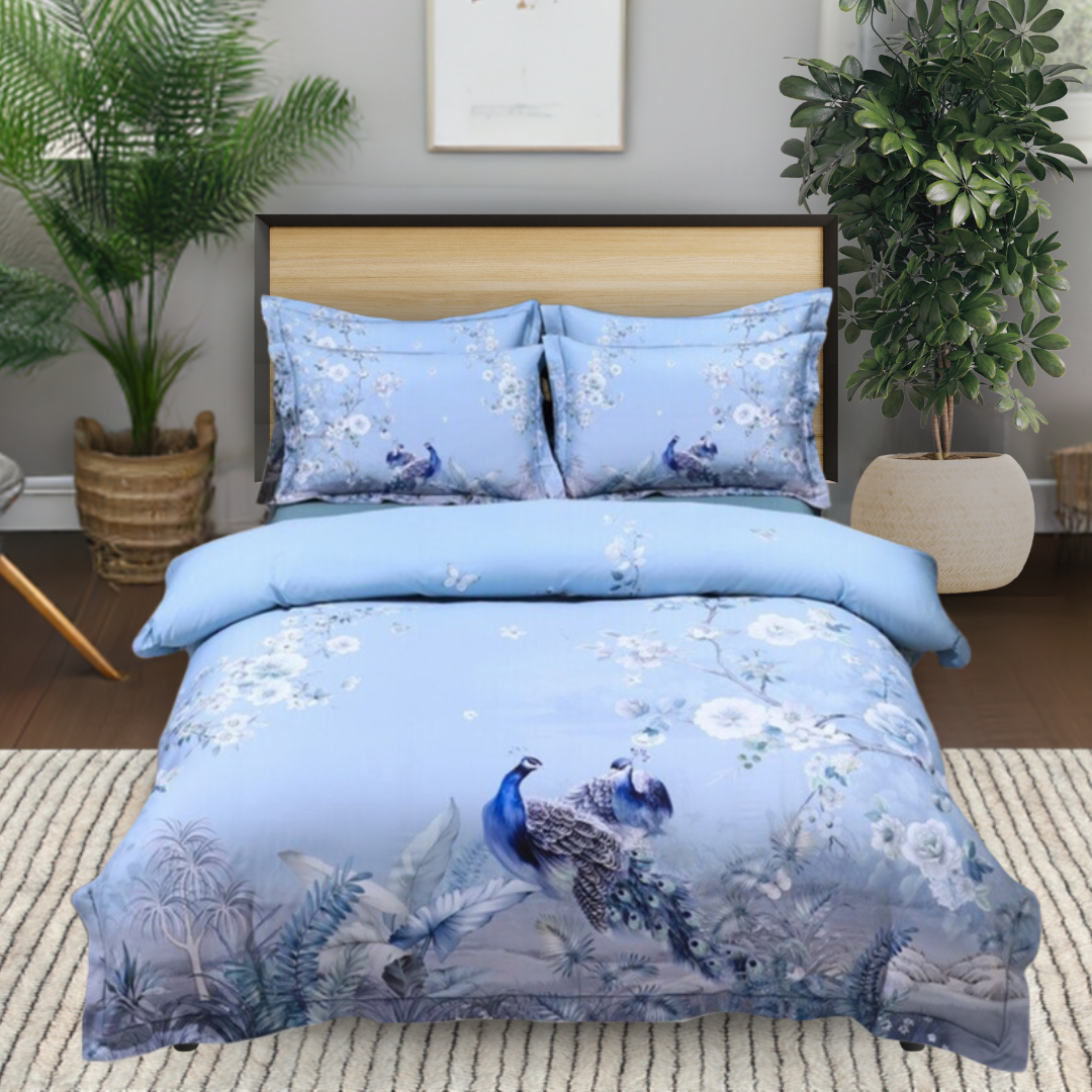 Blue Chinoiserie Bedding in a Modern Room