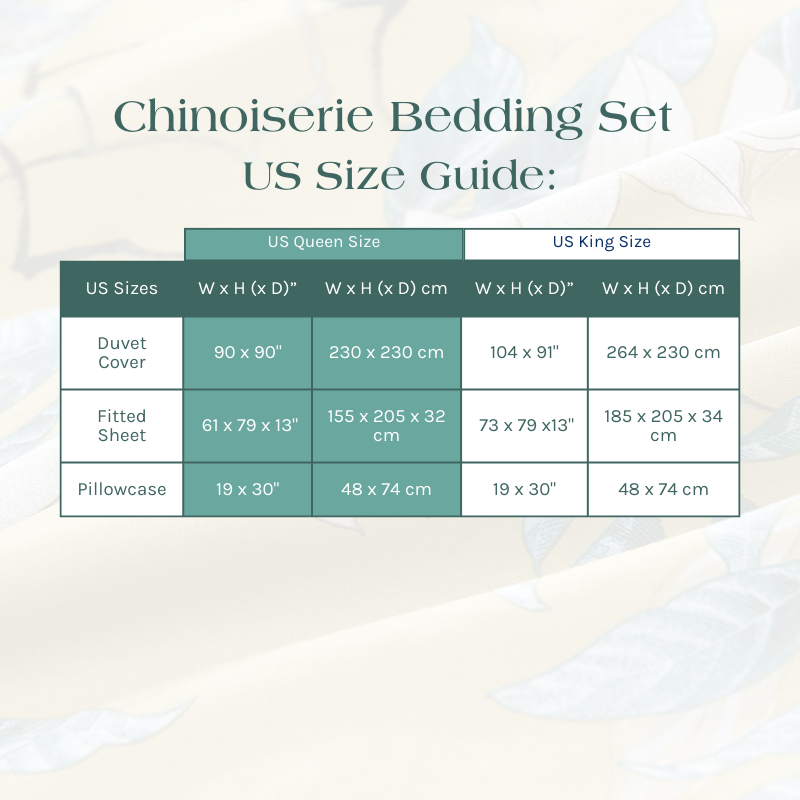 Size Guide for the Chinoiserie Bedding Set