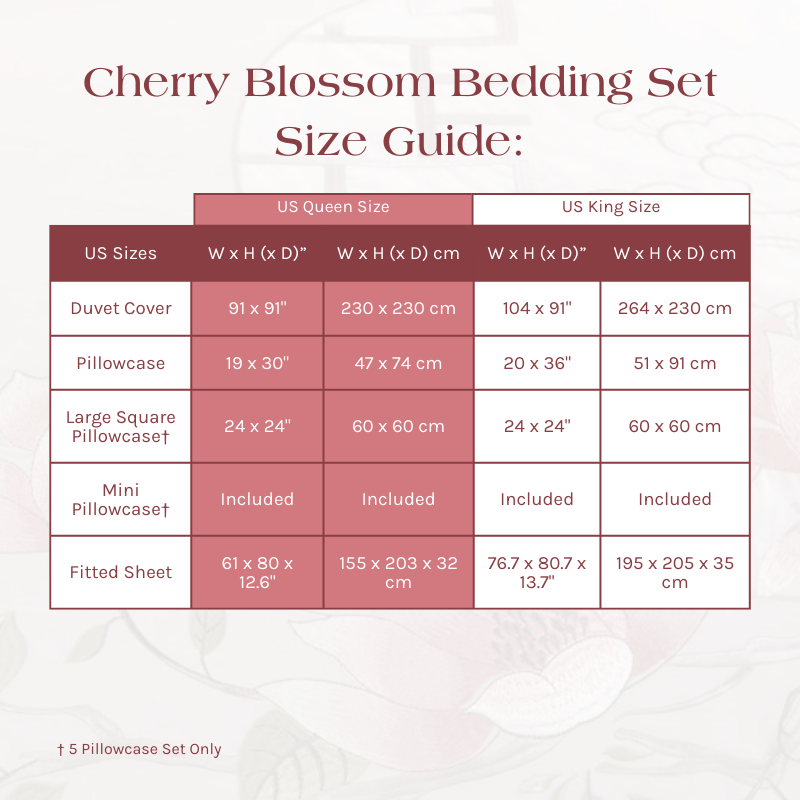 Size Guide for the Cherry Blossom Bedding Set