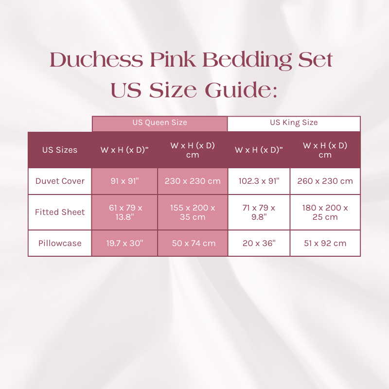 Size Guide for the Duchess Pink Bedding Set