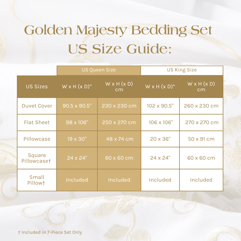 US Size Guide for the Golden Majesty Bedding Set