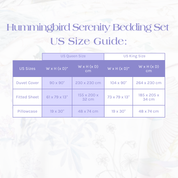 Size Guide for the Hummingbird Serenity Bedding Set
