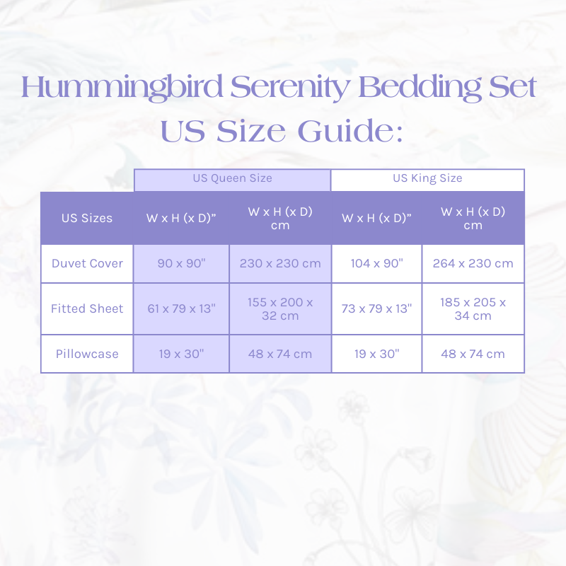 Size Guide for the Hummingbird Serenity Bedding Set