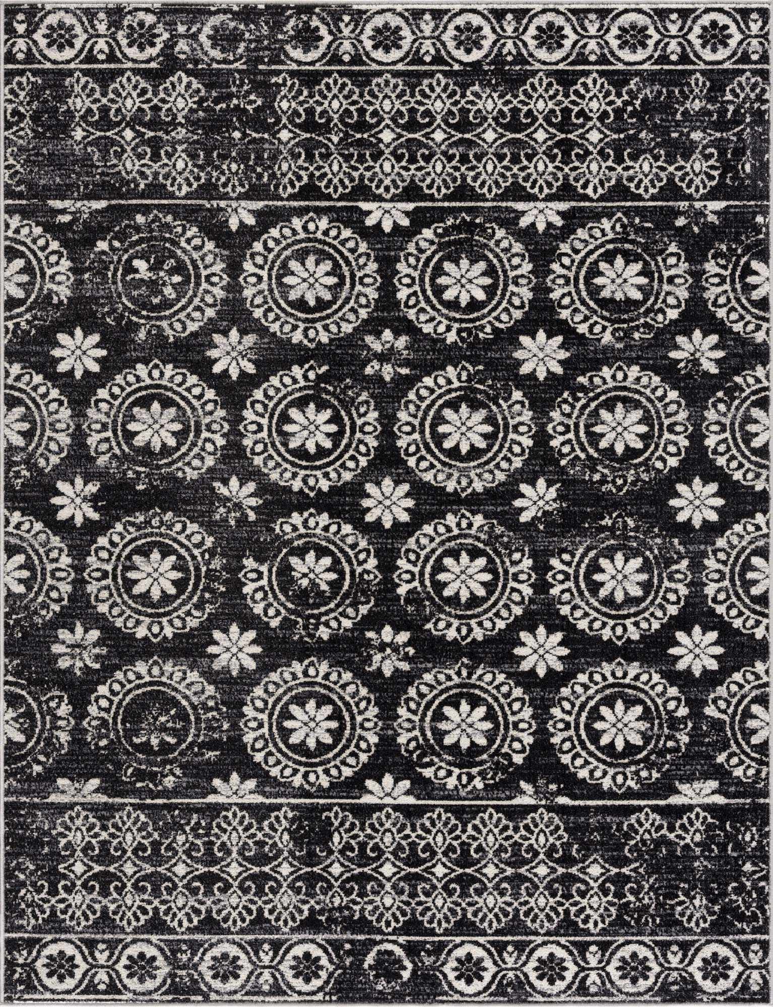 Kahraman Black & White Floral Washable Area Rug