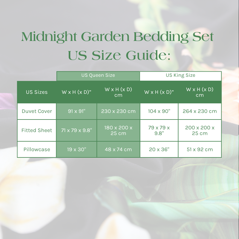 Size Guide for the Midnight Garden Bedding Set