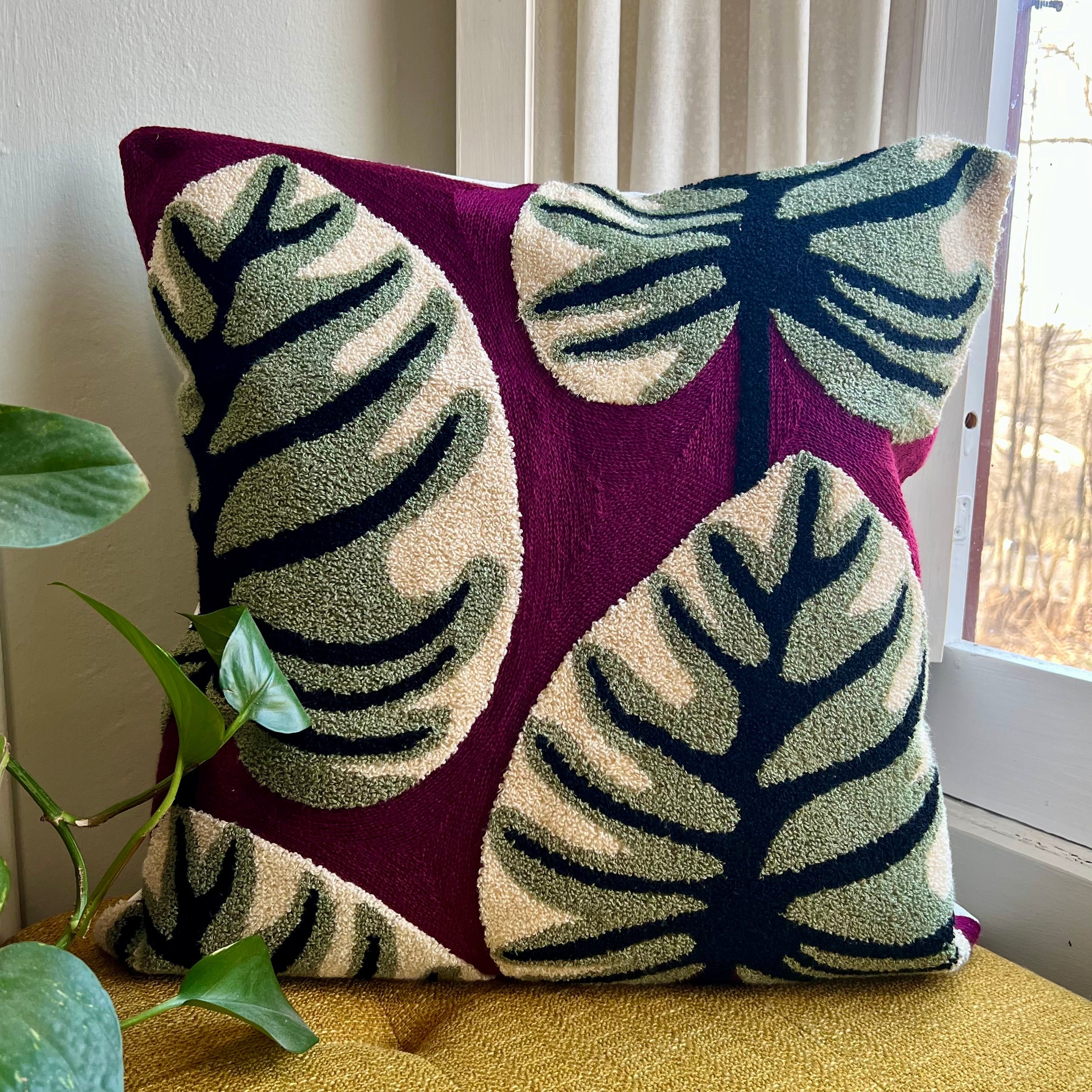monstera pillow Magenta Monstera Embroidered Pillow Cover