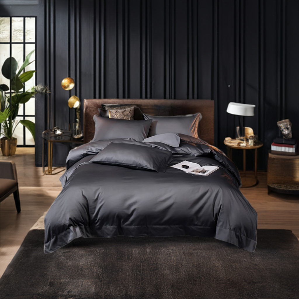 Grand Gray Bedding Set in a Dark Bedroom