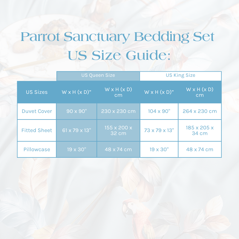 Size Guide for the Parrot Sanctuary Bedding Set