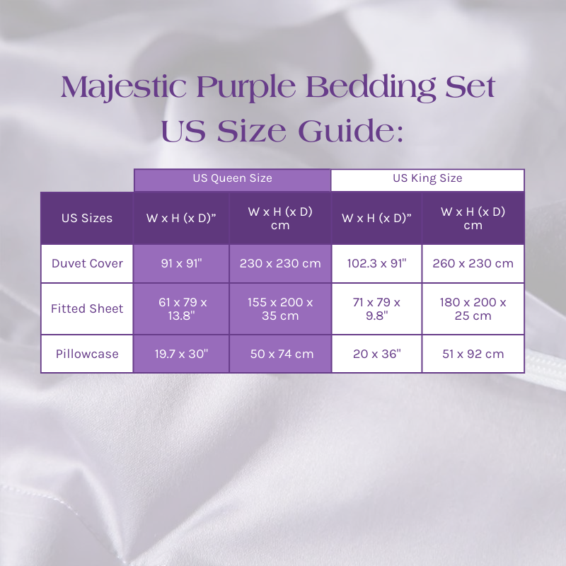 Size Guide for the Majestic Purple Bedding Set