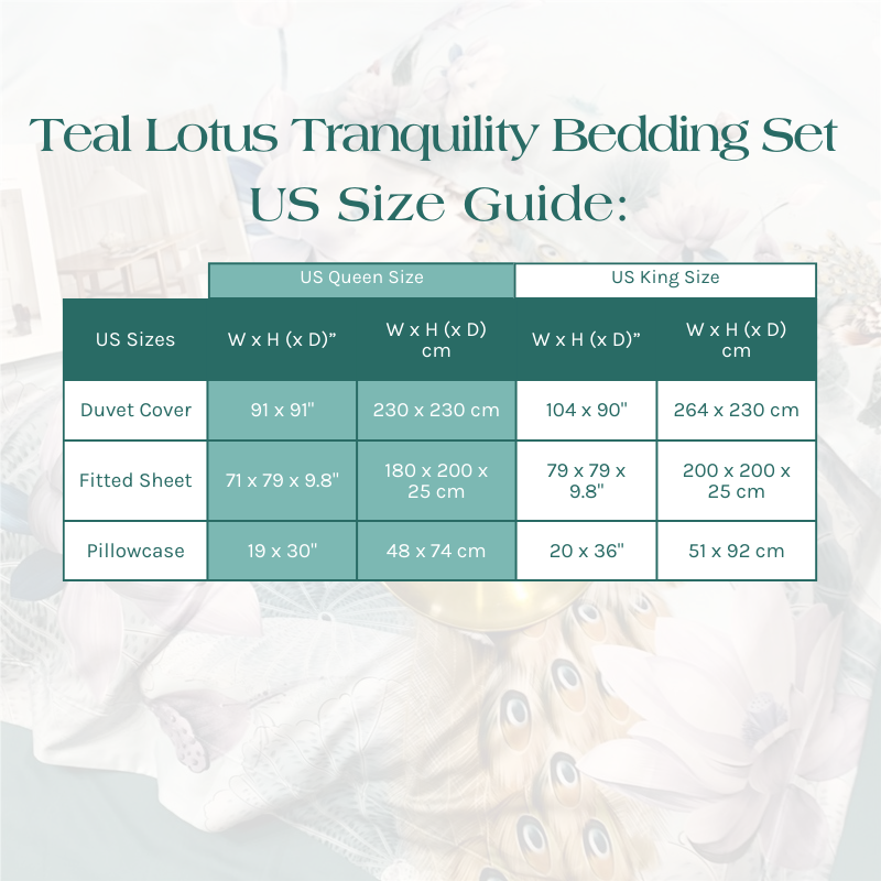 Size Guide for the Teal Lotus Tranquility Set