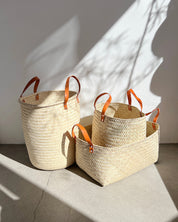 Rectangular Woven Palm Baskets with Leather Handles