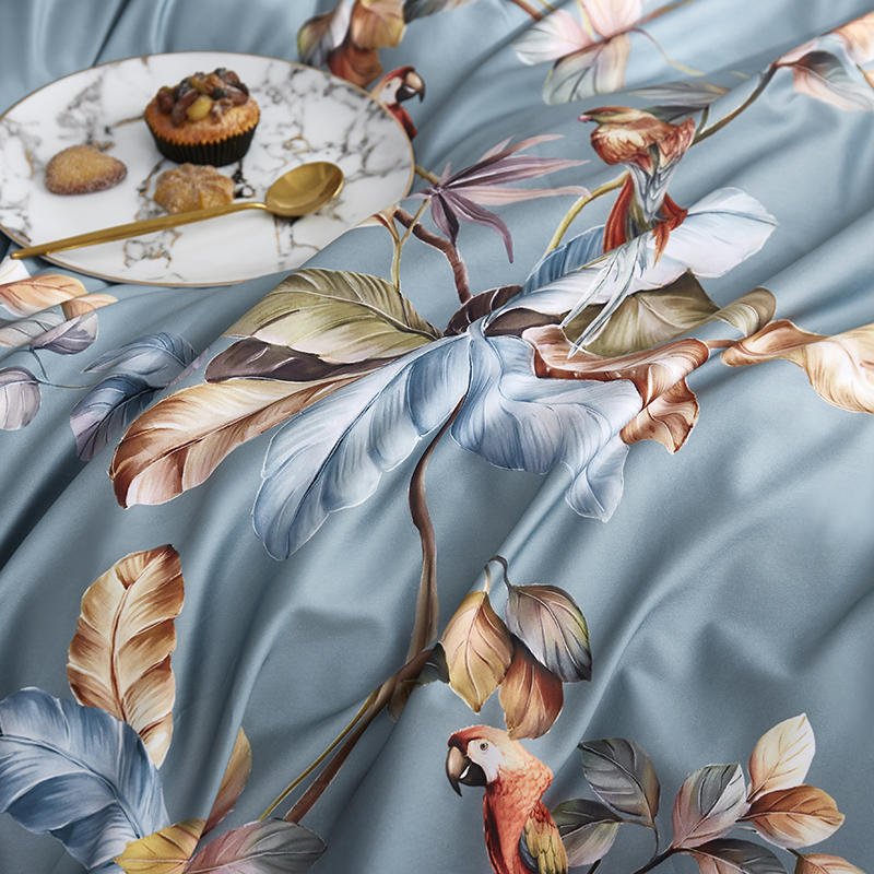 Close up of fabric from the Parrot Sanctuary Bedding Set