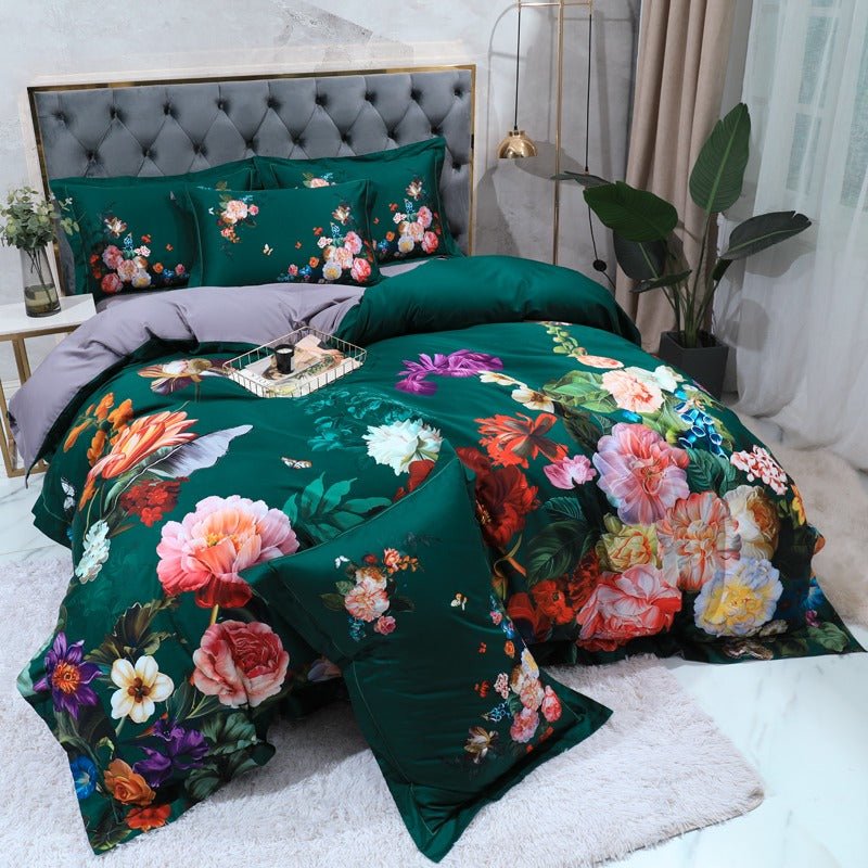 Emerald Garden Bedding Set on a bed - slight angle view