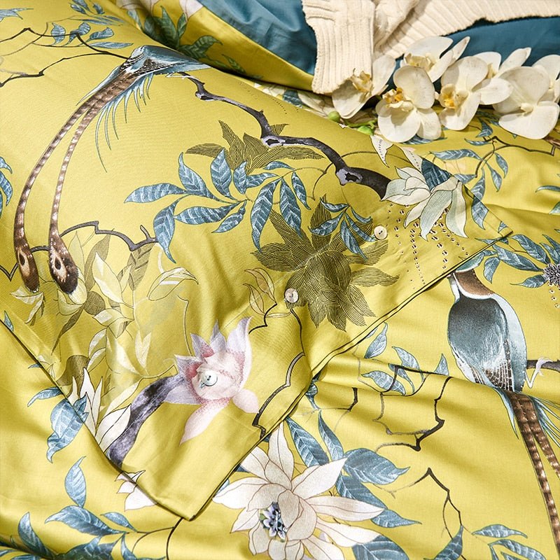 Close up of pattern and fabric from Chinoiserie Bedding Set