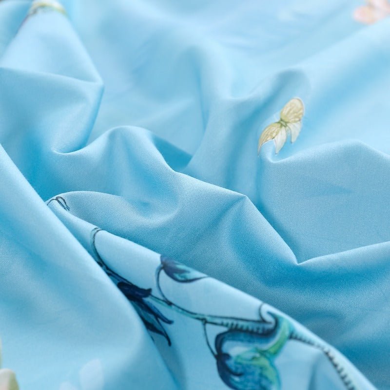Close up of the fabric from the Sky Blue Garden Bedding Set