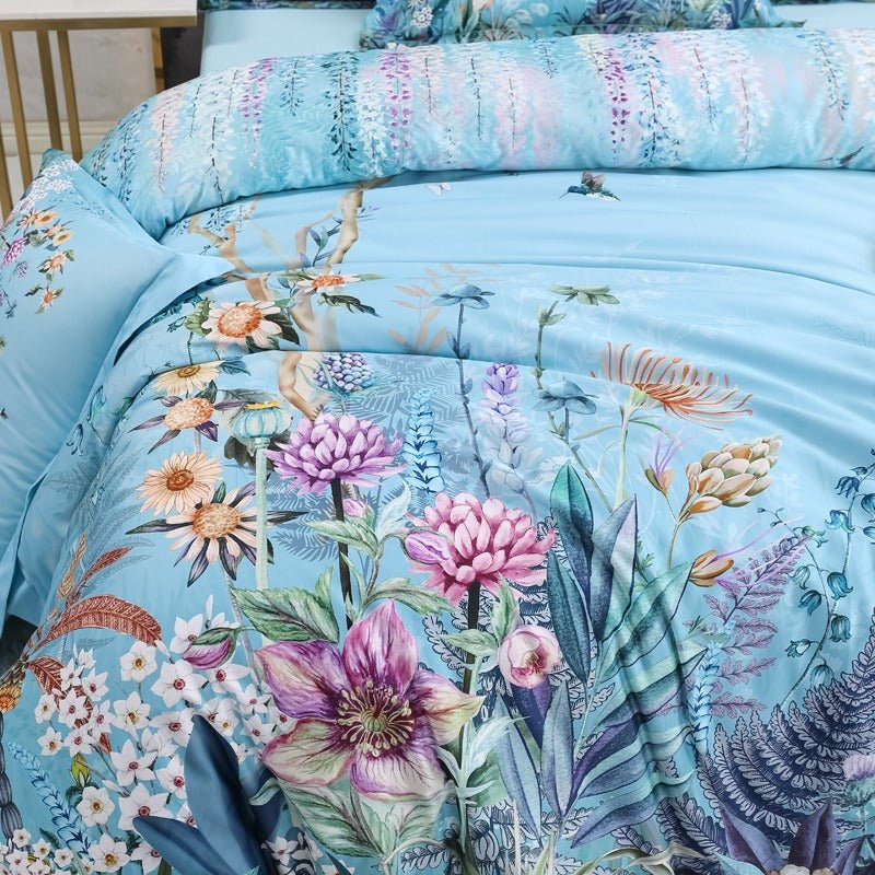 Close up of the pattern in the Sky Blue Garden Bedding Set