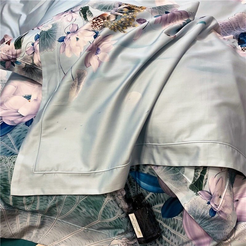 Close up of Teal Lotus Bedding Set fabric
