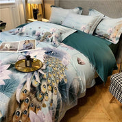 Teal Lotus Bedding Set on a bed