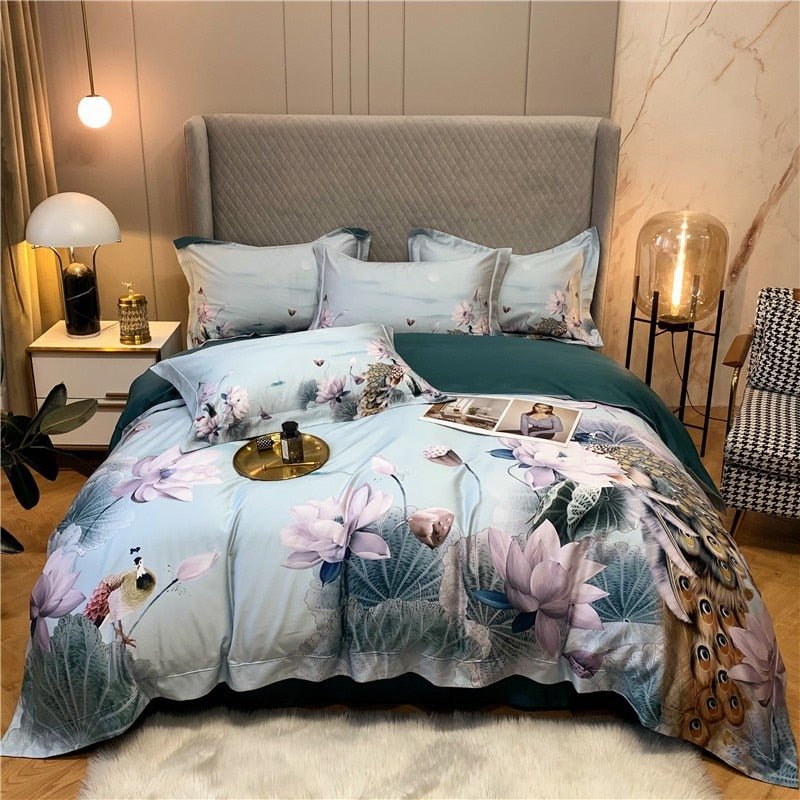 Teal Lotus Bedding Set on a bed