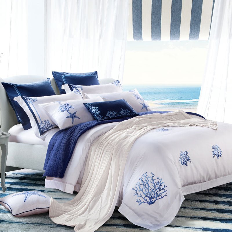 Beach Coastal Bedding Set on a bed - angle view