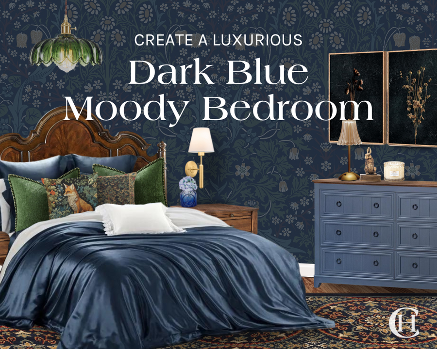 Create a Moody, Dark Blue Bedroom Castle Home Luxury Bedding