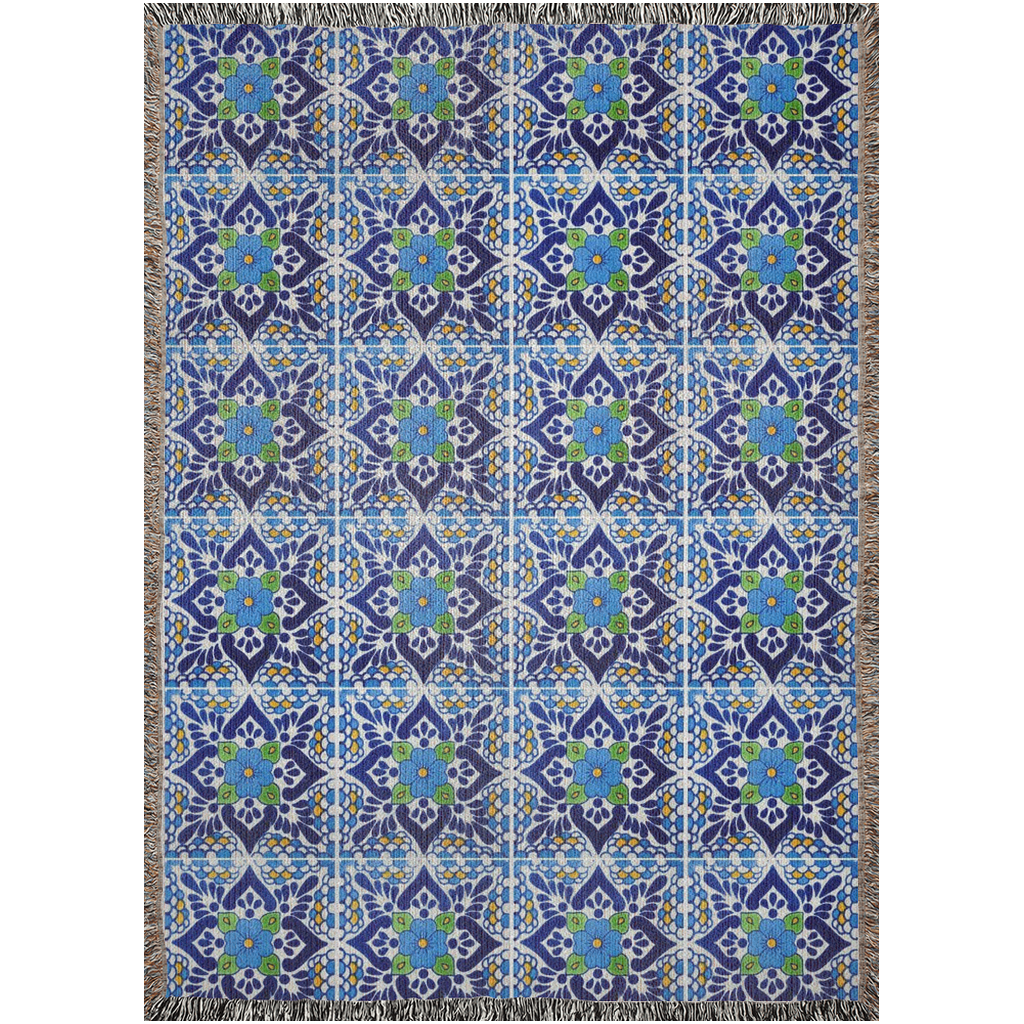 Blue And White Floral Tiles Woven Blanket For Hispanic Home Decor. Christmas Gift For Hispanic Family Or Hispanic Friends.