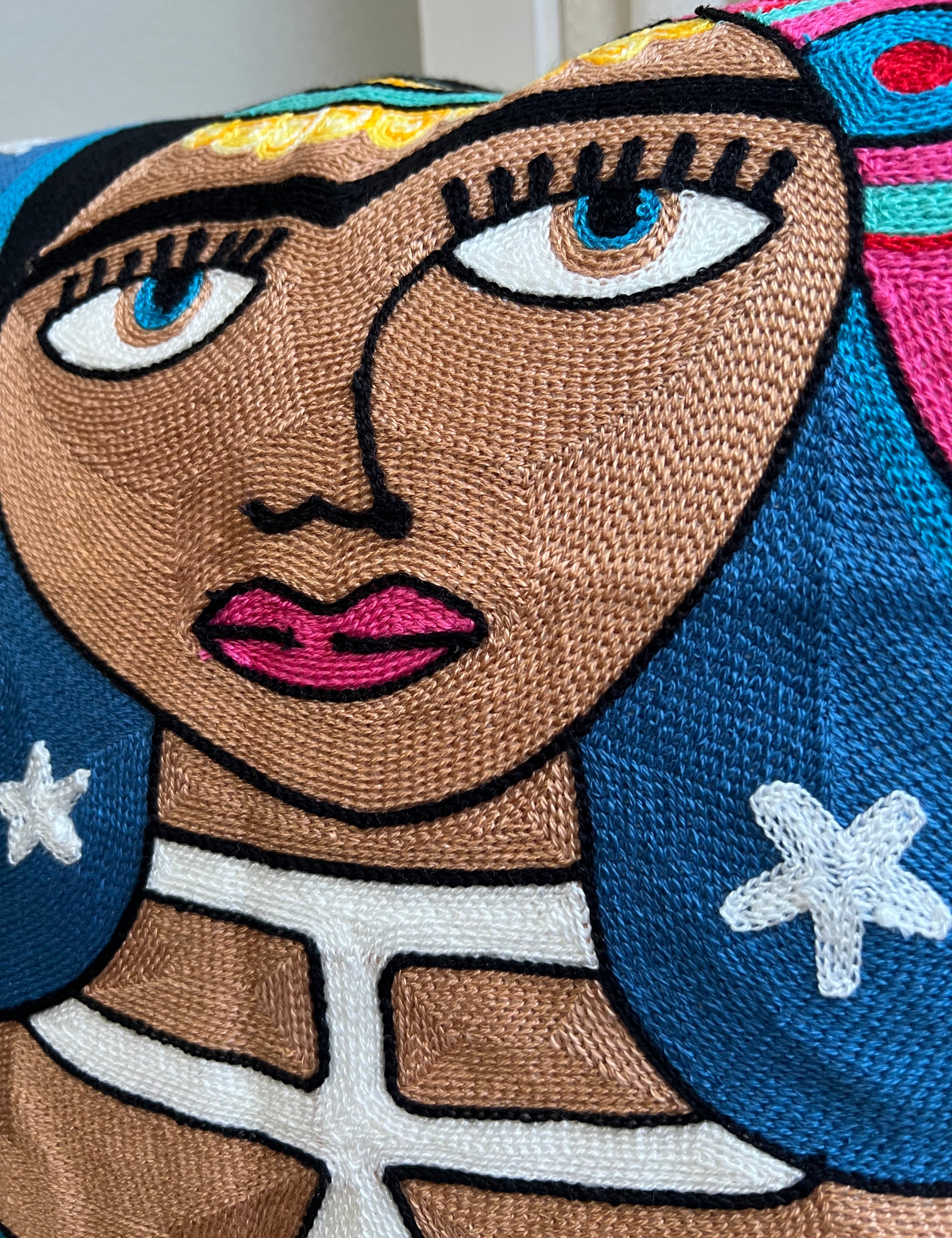 Starry Night Frida Embroidered Pillow Close View