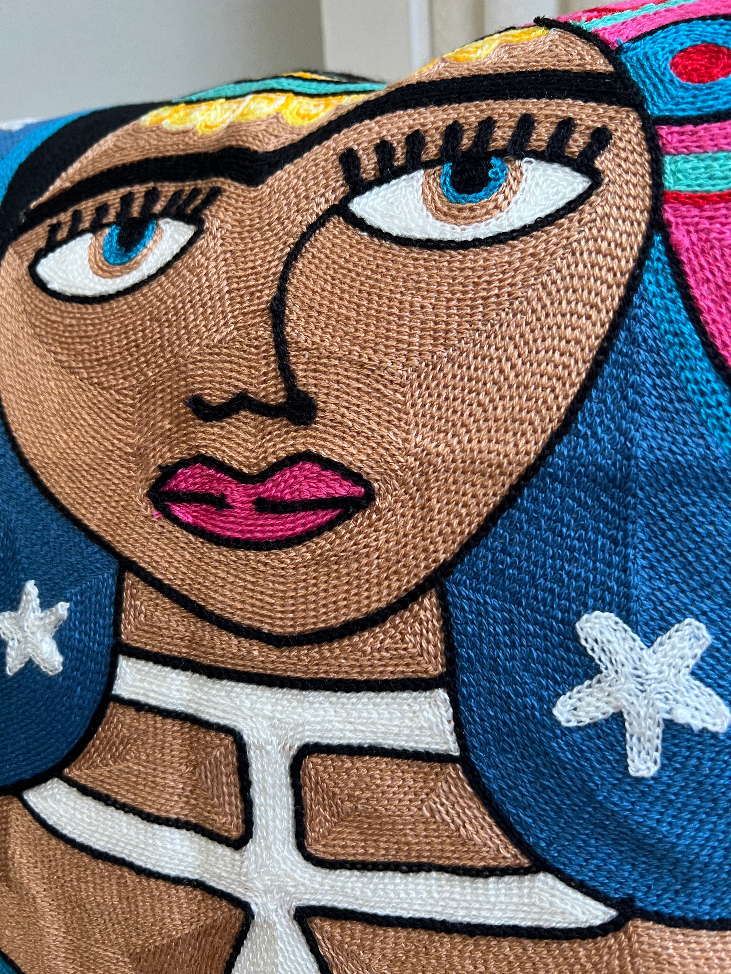 Starry Night Frida Embroidered Pillow Close View