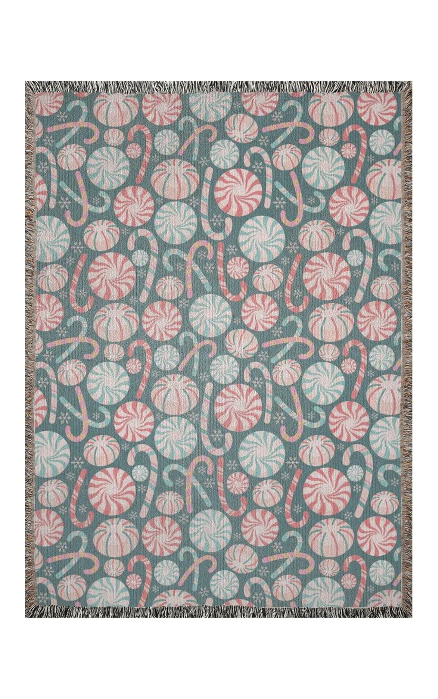 Christmas candies woven blanket 50x60” clearance , peppermint candy and candy canes with pastel colors.