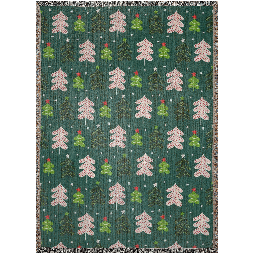 Christmas Tree Woven Blanket for holiday season. Green throw woven blanket with Christmas tree.