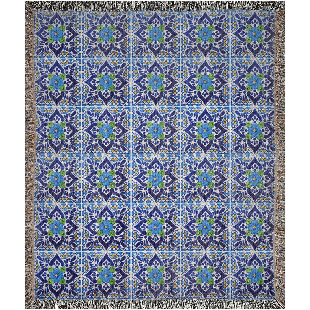 Blue And White Floral Tiles Woven Blanket For Hispanic Home Decor. Christmas Gift For Hispanic Family Or Hispanic Friends.