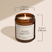 Candle in a brown jar with dimensions labeled on a beige background