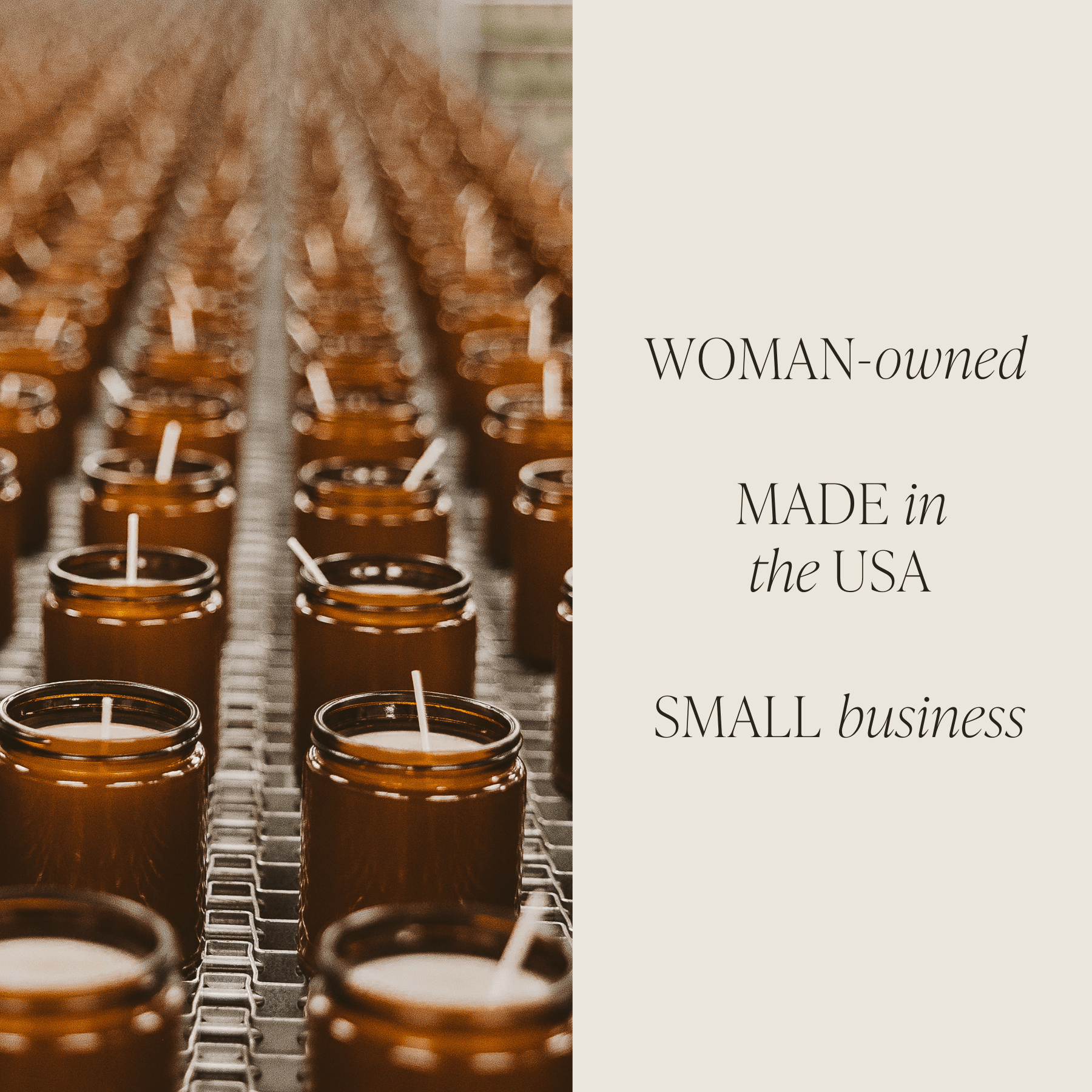 Row of small candles in glass jars on a metal rack with text 'WOMAN-owned, MADE in the USA, SMALL business' on a beige background.
