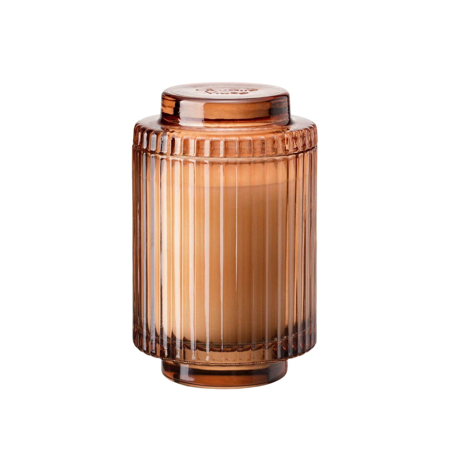 Brown ribbed glass jar on a white background