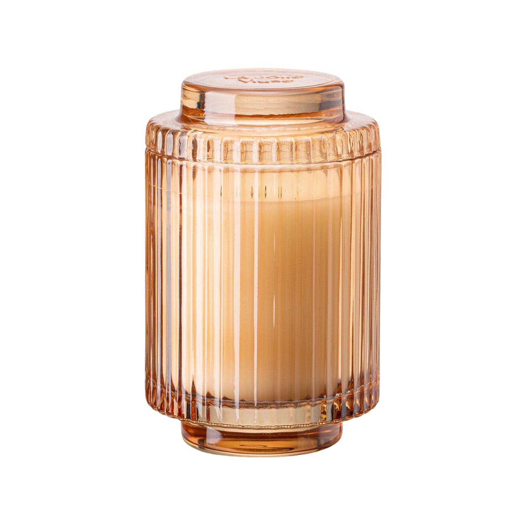 Brown ribbed glass jar with a lid on a white background