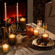Dining table set with candles, glasses, and cutlery in front of a fireplace.