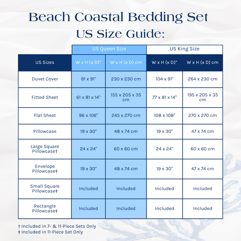 Size Guide for the Beach Coastal Bedding Set