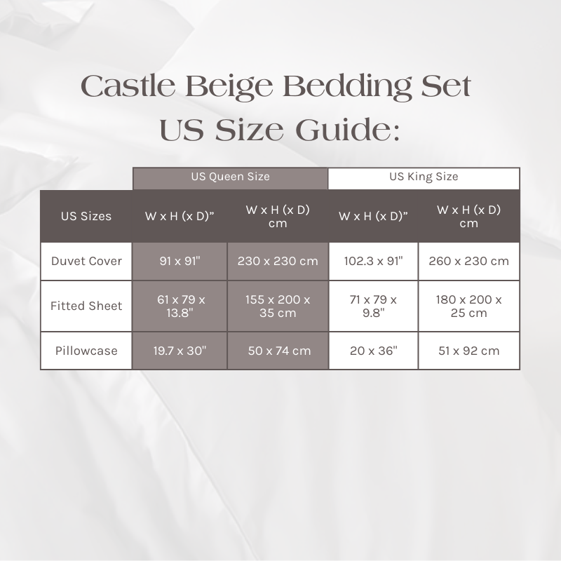 Size Guide for the Castle Beige Bedding Set