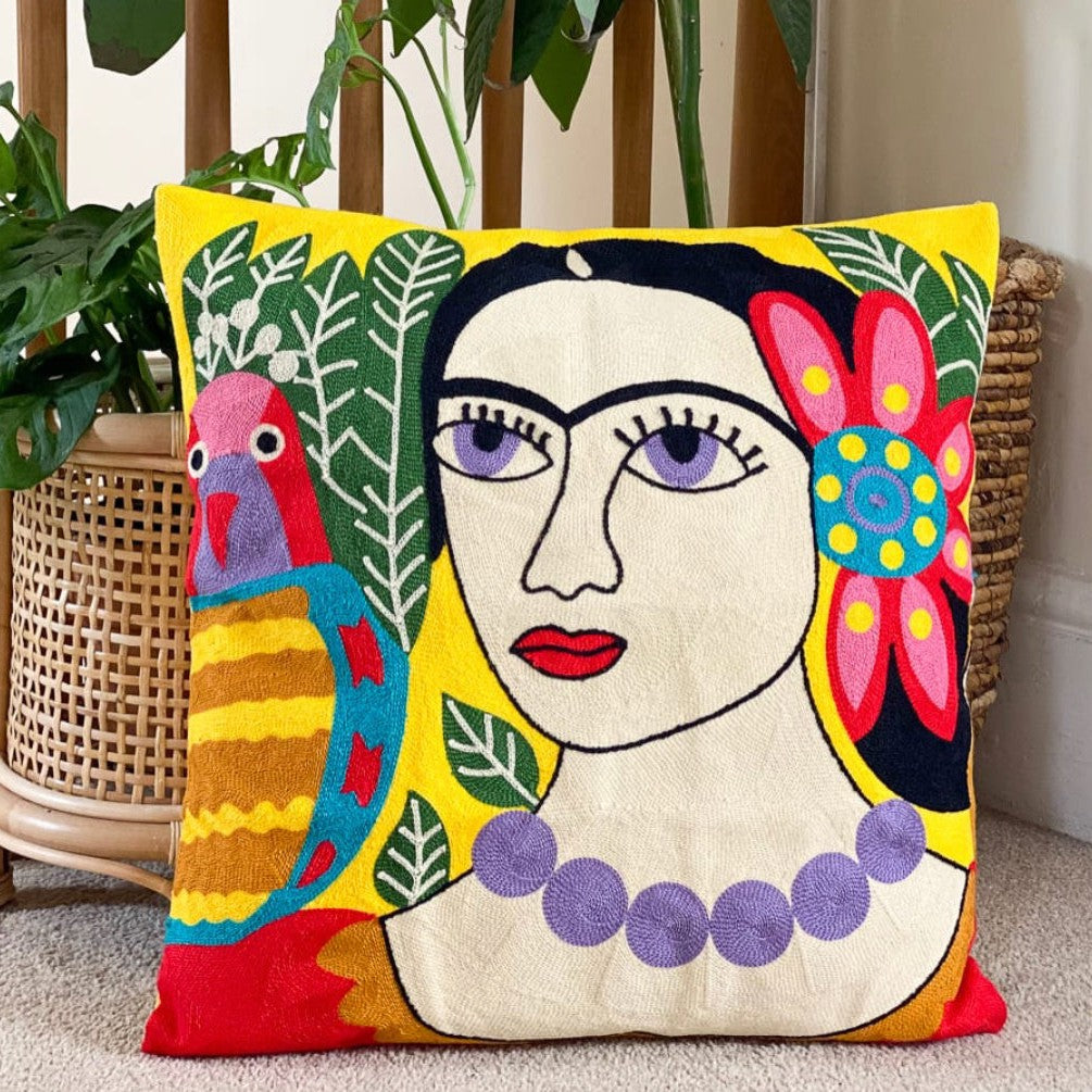 Frida Inspired Pillow with Parrot