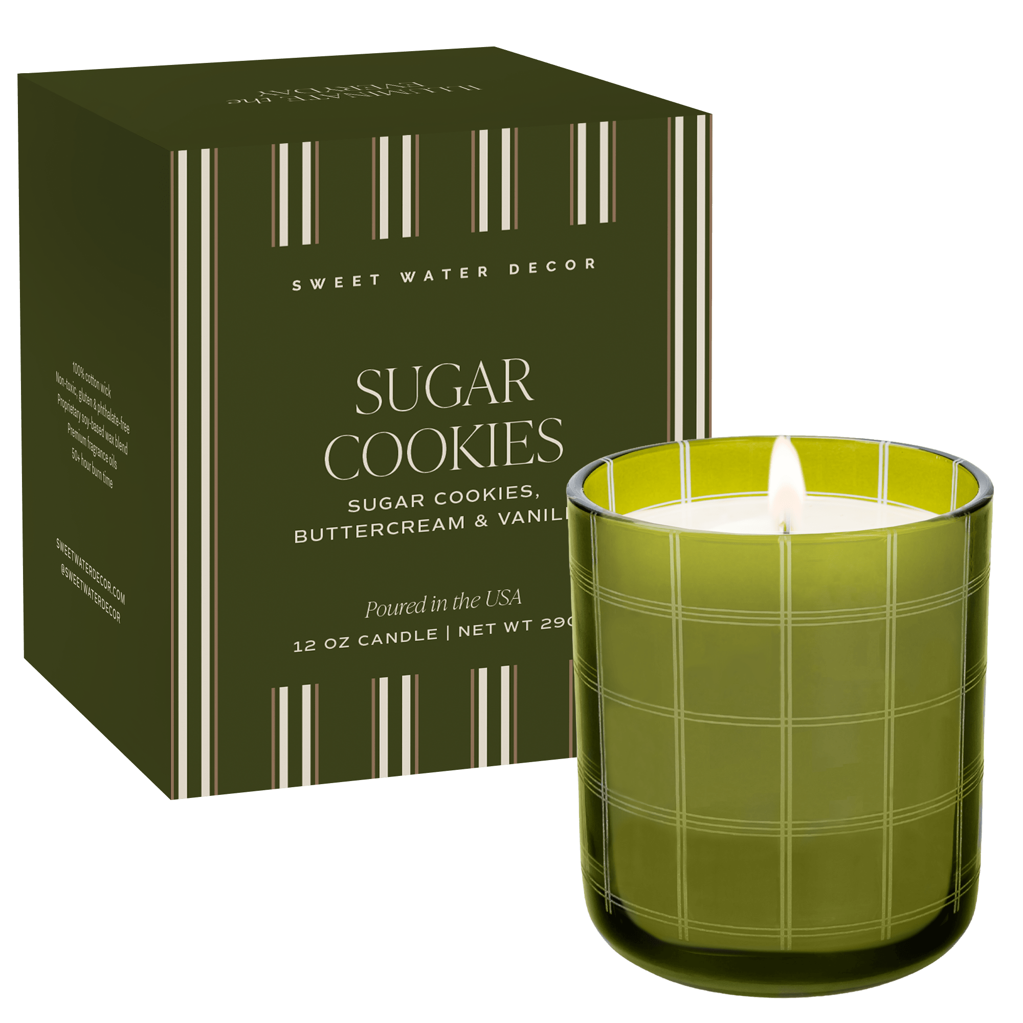 A 12 oz candle in a green glass jar with a lit flame, shown next to its dark olive green box with white text and vertical stripe details. The brand 'Sweet Water Decor' is visible on the packaging.