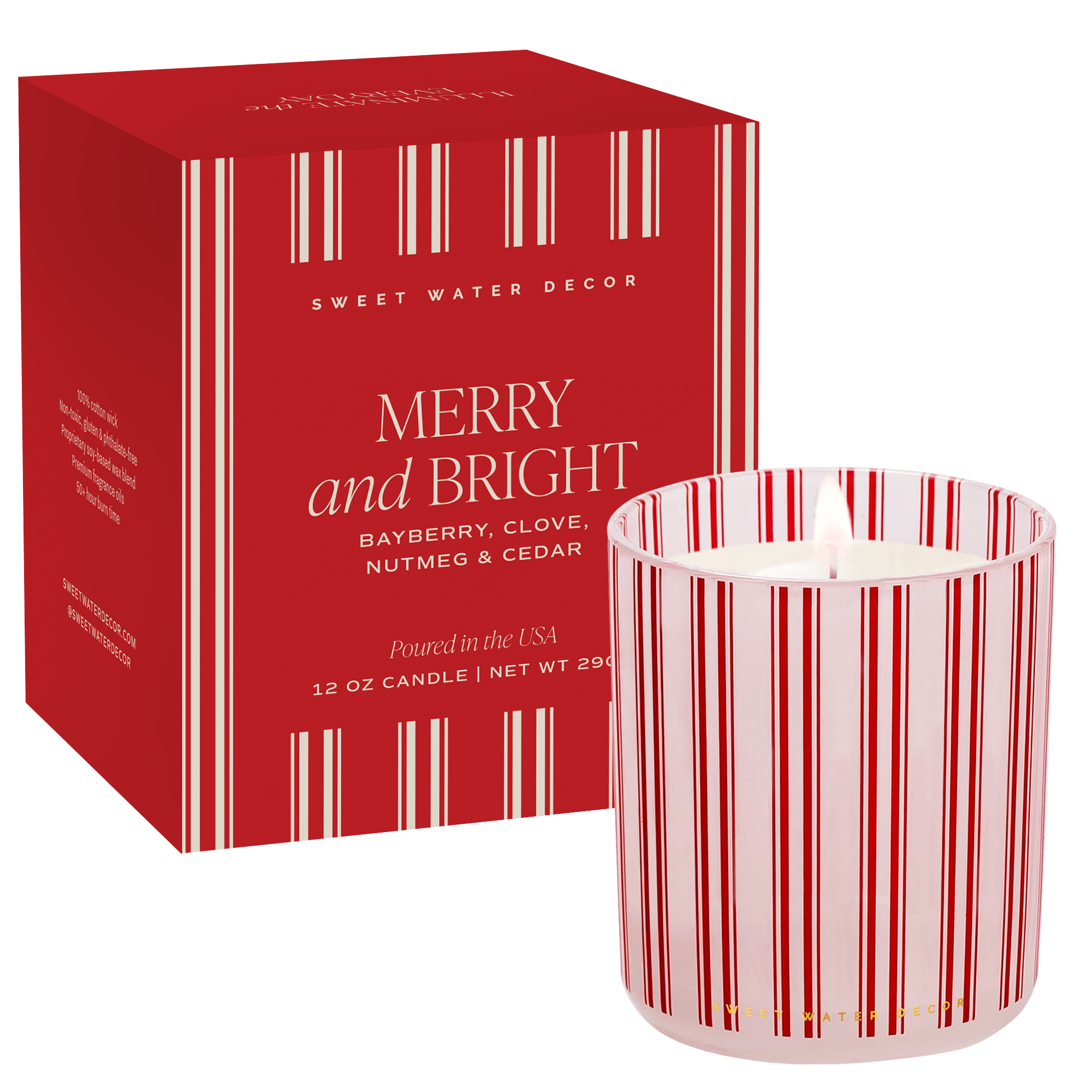 A 12 oz scented candle by Sweet Water Decor named 'Merry and Bright' in a red and white striped glass jar, shown next to its red packaging box with white vertical stripes.