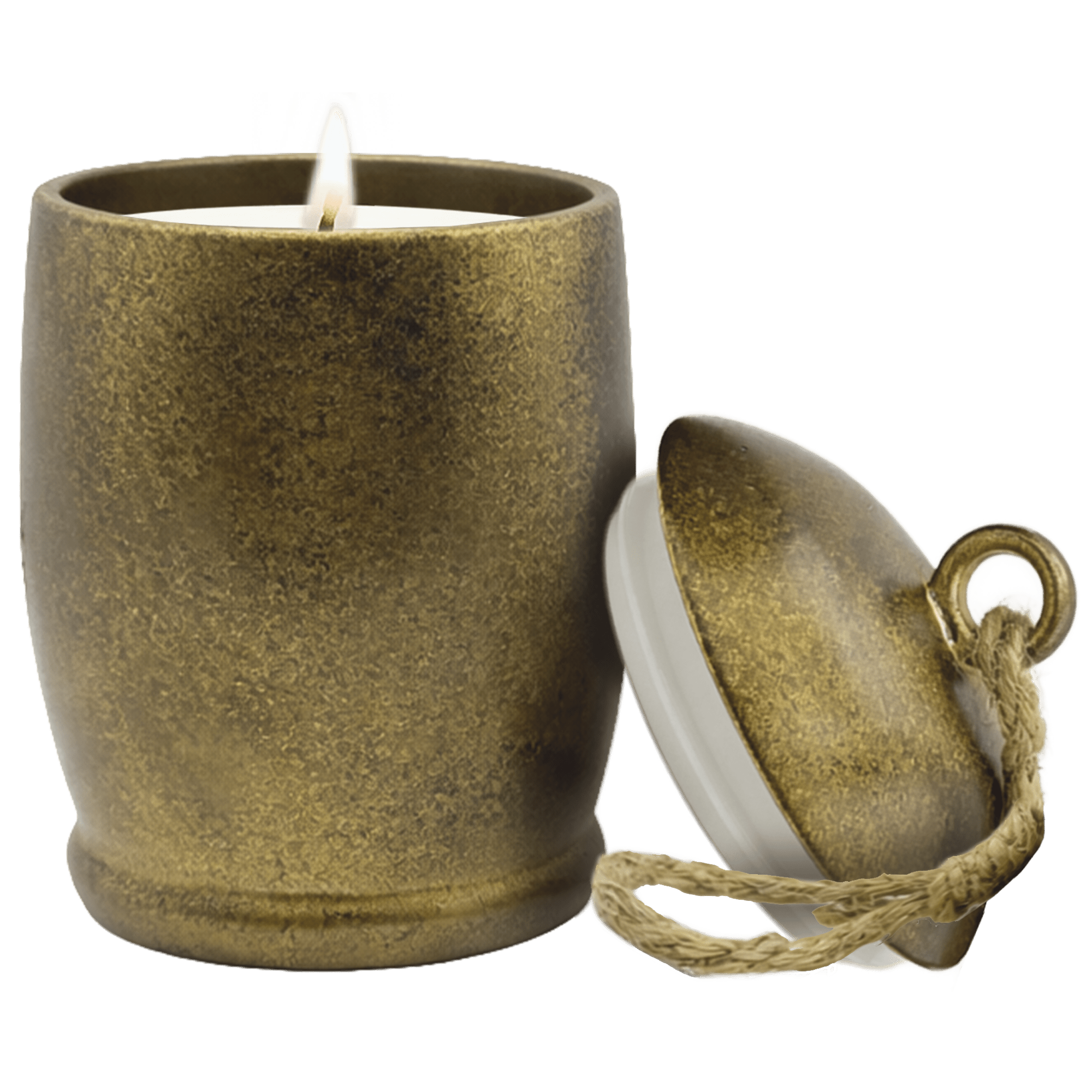 A small candle in a textured metallic bronze pot with a wick and visible flame, shown next to its matching lid on a solid green background.