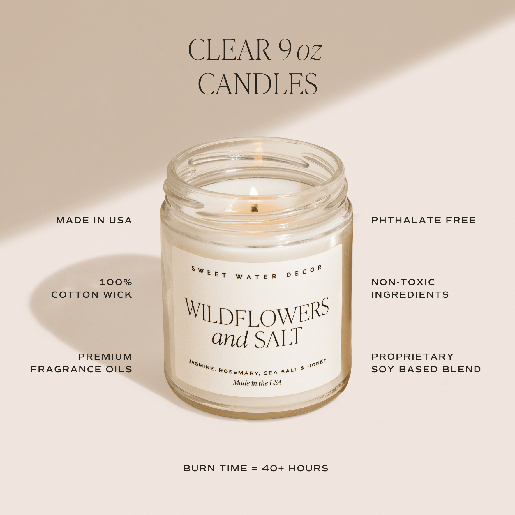 Clear 9 oz candle labeled 'Wildflowers and Salt' with product details on a beige background